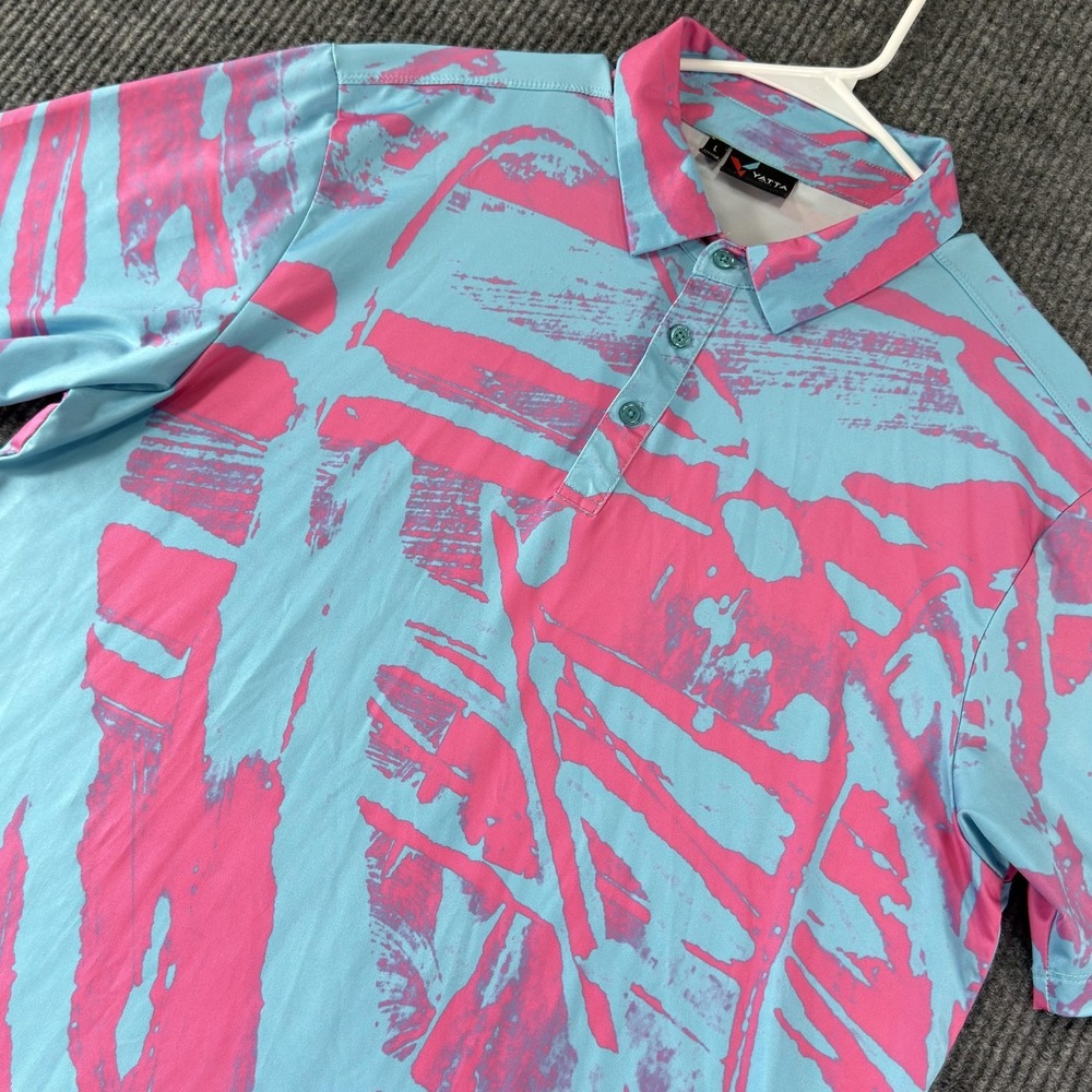 Yatta Golf Polo Shirt Mens Large Blue Pink Graphic Print Stretch Performance